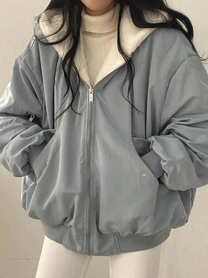 Reversible Bomber Jacket Womens Faux Fur Hooded Oversized Balloon Sleeves - image 3