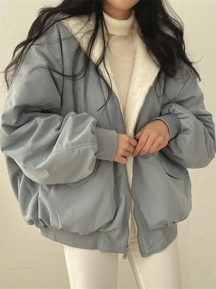Reversible Bomber Jacket Womens Faux Fur Hooded Oversized Balloon Sleeves - image 4