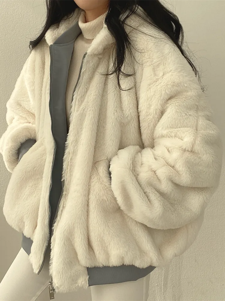 Reversible Bomber Jacket Womens Faux Fur Hooded Oversized Balloon Sleeves - image 5