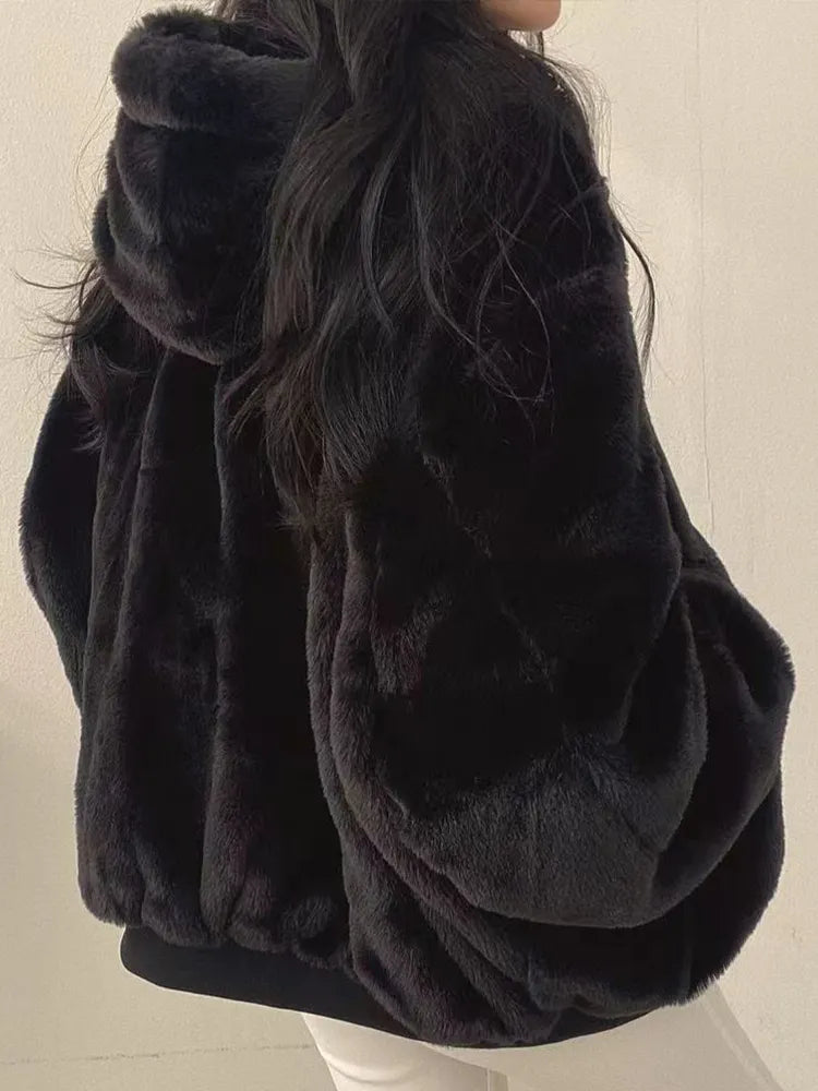 Reversible Bomber Jacket Womens Faux Fur Hooded Oversized Balloon Sleeves - image 6
