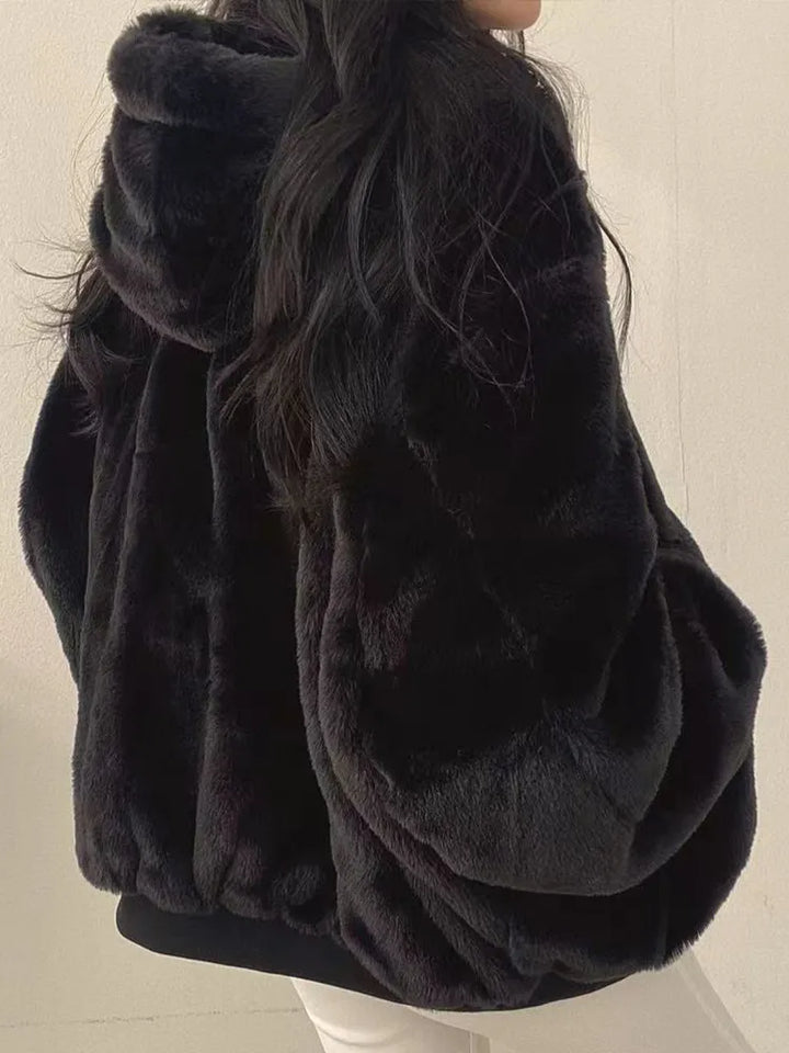 Reversible Bomber Jacket Womens Faux Fur Hooded Oversized Balloon Sleeves - image 6