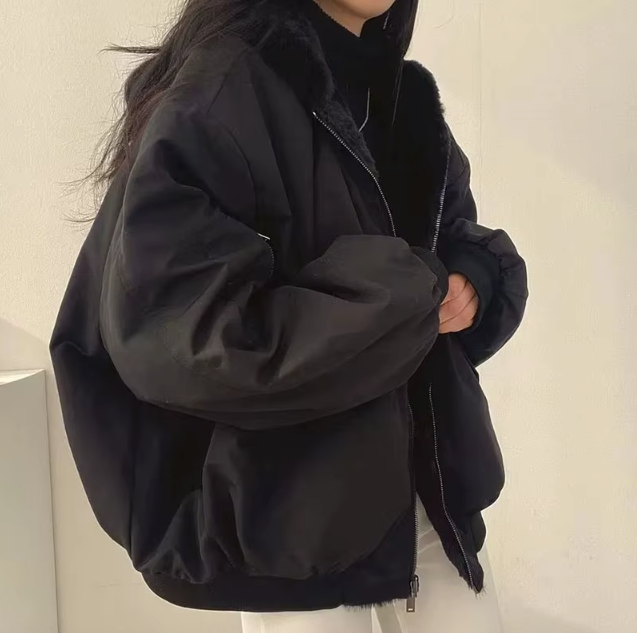 Reversible Bomber Jacket Womens Faux Fur Hooded Oversized Balloon Sleeves - image 8