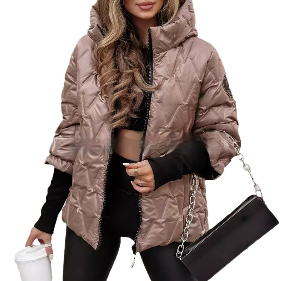 Shiny Puffer Jacket Womens Hooded Glossy Quilted Stand Collar Zip Front - image 1