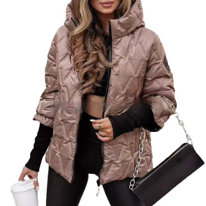 Shiny Puffer Jacket Womens Hooded Glossy Quilted Stand Collar Zip Front - image 1