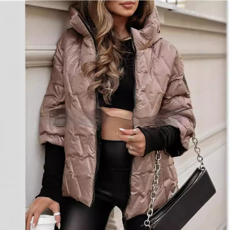 Shiny Puffer Jacket Womens Hooded Glossy Quilted Stand Collar Zip Front - image 5