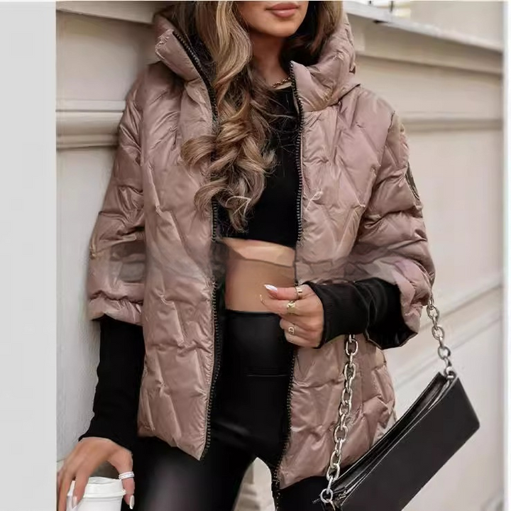 Shiny Puffer Jacket Womens Hooded Glossy Quilted Stand Collar Zip Front - image 5