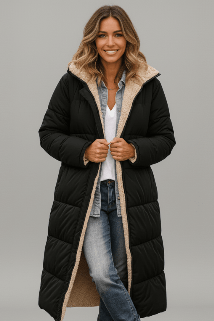 Long Puffer Coat Womens Hooded Sherpa Lined Maxi Padded Zip Front - image 1