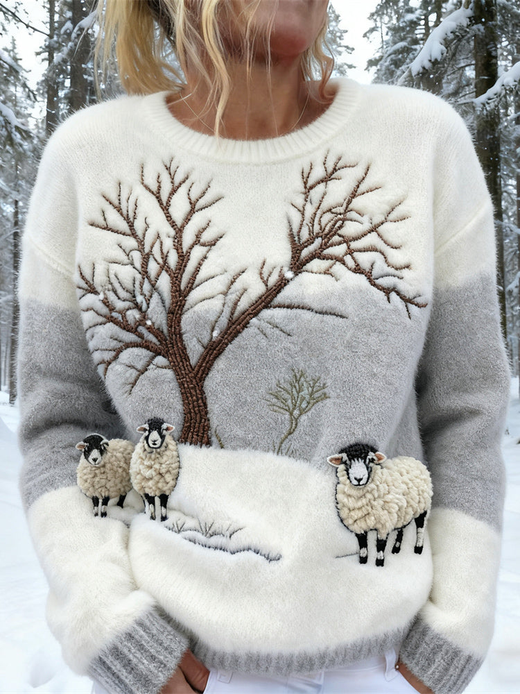 Sheep Jumper Womens Christmas Knit 3D Applique Tree Embroidery Crew Neck - image 1