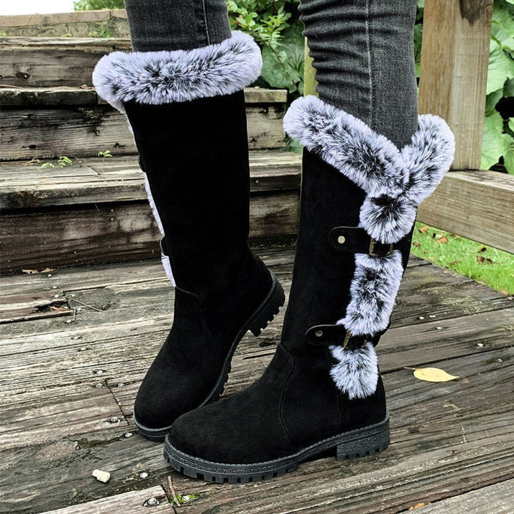 Fur Trim Boots Womens Knee High Winter Double Buckle Lug Sole - image 1