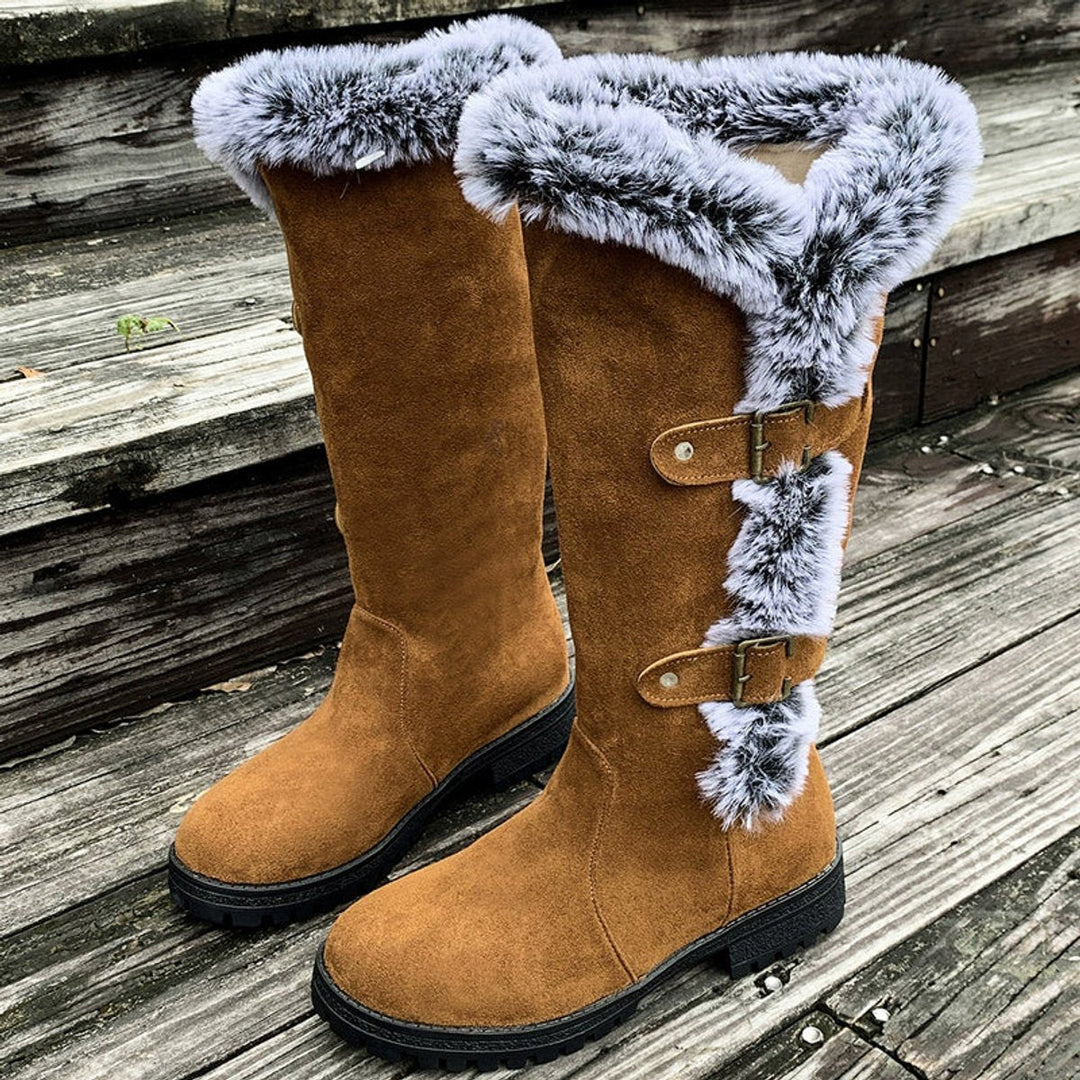 Fur Trim Boots Womens Knee High Winter Double Buckle Lug Sole - image 10