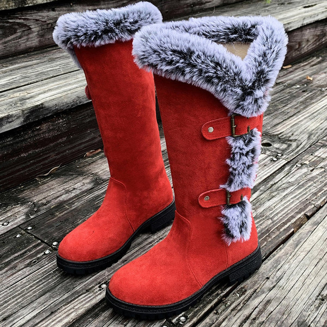 Fur Trim Boots Womens Knee High Winter Double Buckle Lug Sole - image 2