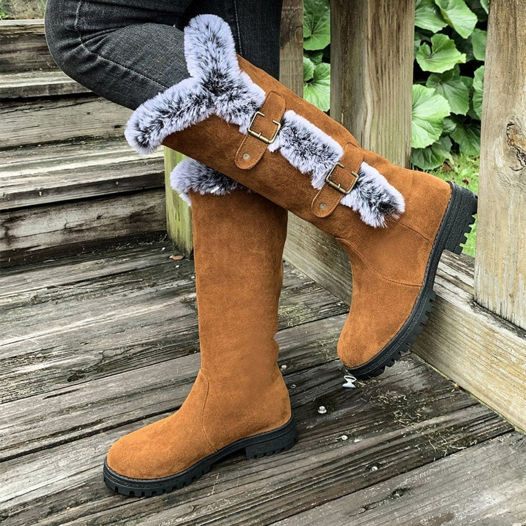 Fur Trim Boots Womens Knee High Winter Double Buckle Lug Sole - image 3