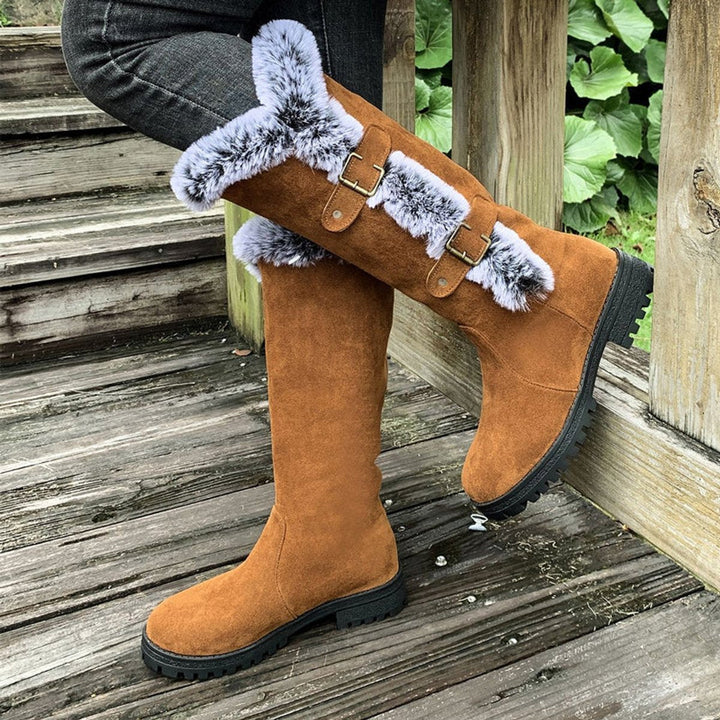 Fur Trim Boots Womens Knee High Winter Double Buckle Lug Sole - image 3