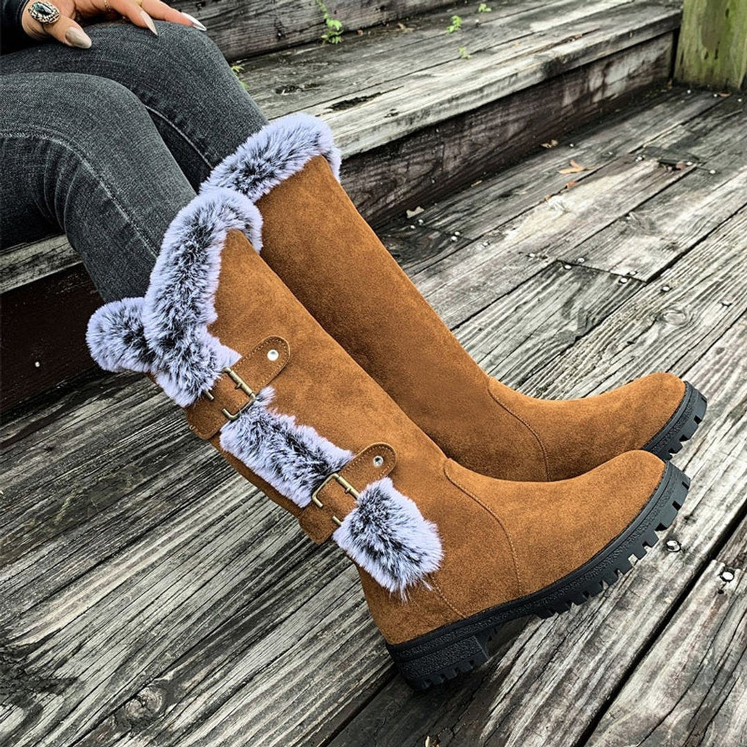Fur Trim Boots Womens Knee High Winter Double Buckle Lug Sole - image 4