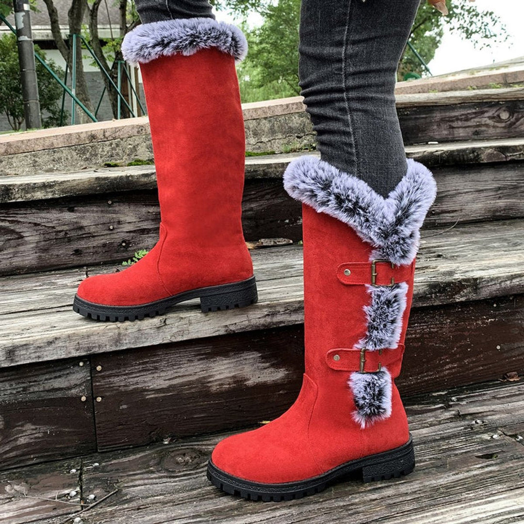Fur Trim Boots Womens Knee High Winter Double Buckle Lug Sole - image 5