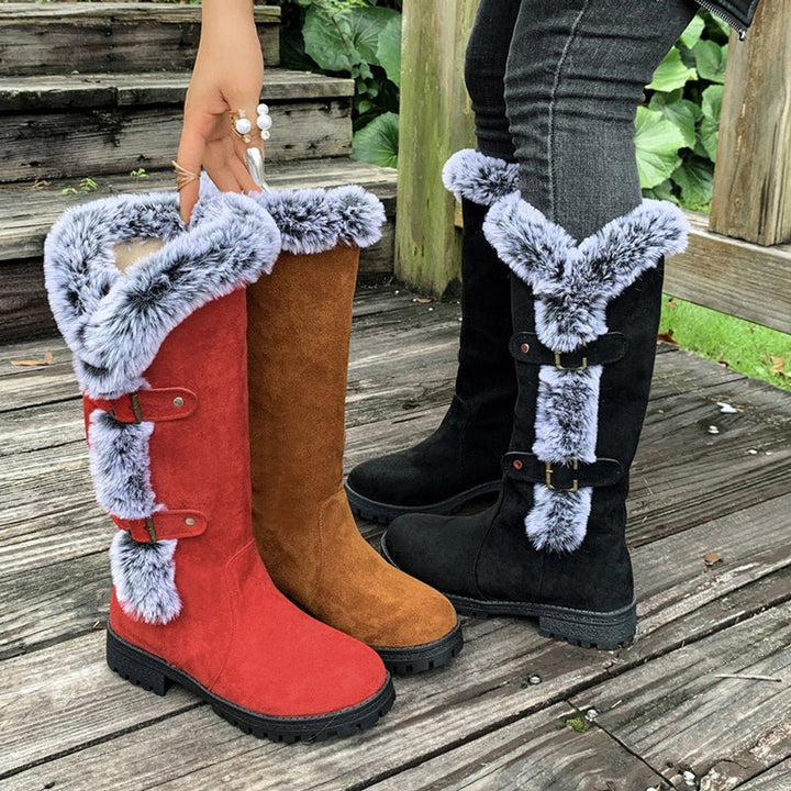 Fur Trim Boots Womens Knee High Winter Double Buckle Lug Sole - image 6
