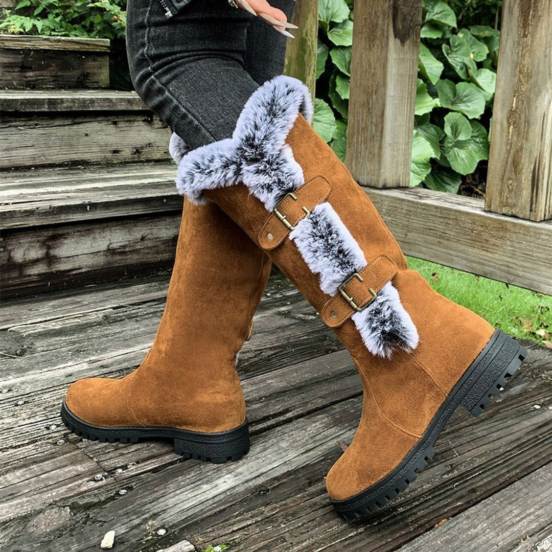 Fur Trim Boots Womens Knee High Winter Double Buckle Lug Sole - image 7