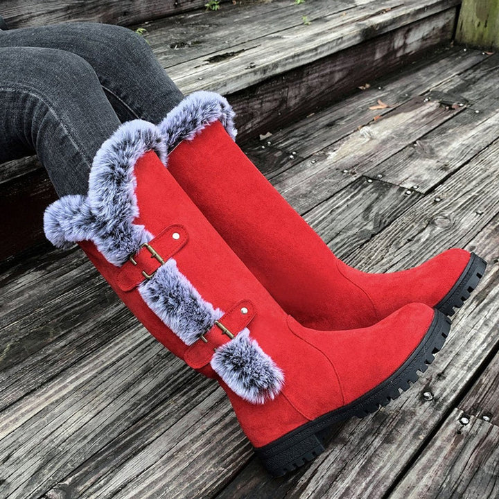 Fur Trim Boots Womens Knee High Winter Double Buckle Lug Sole - image 8