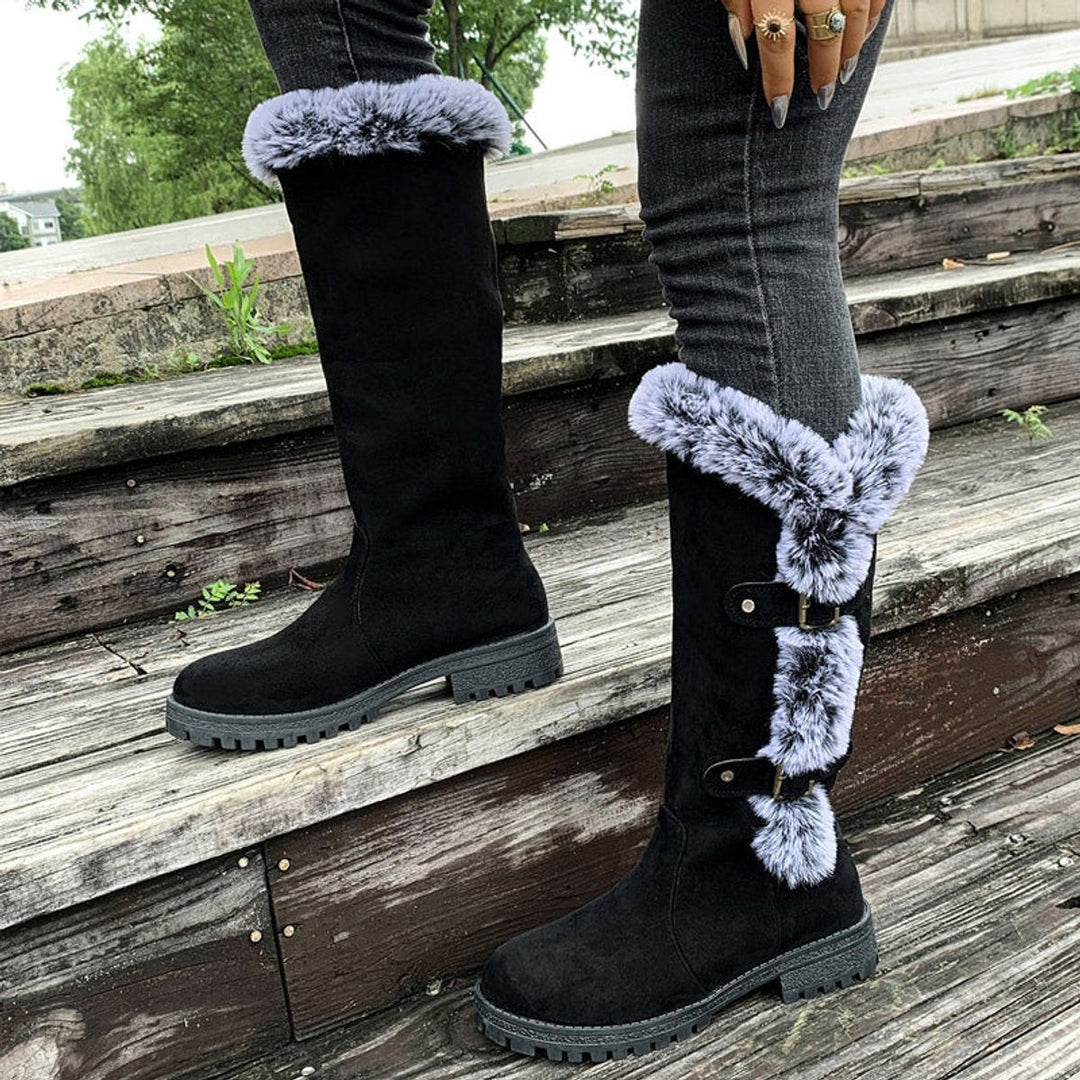 Fur Trim Boots Womens Knee High Winter Double Buckle Lug Sole - image 9