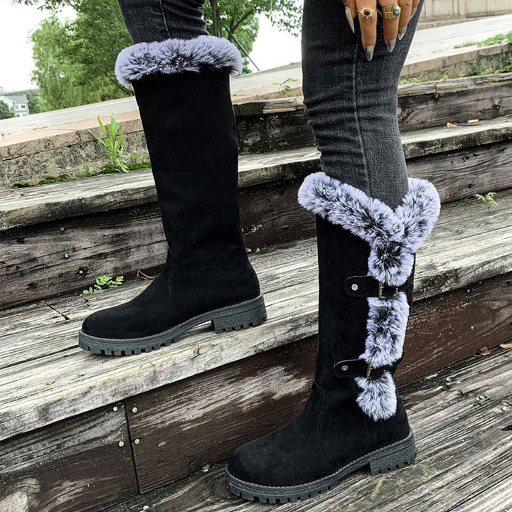 Fur Trim Boots Womens Knee High Winter Double Buckle Lug Sole - image 9