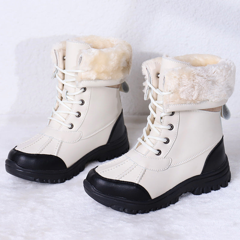 Lace Up Winter Boots Womens Faux Fur Cuff Lug Sole Calf High Wide Toe - image 1