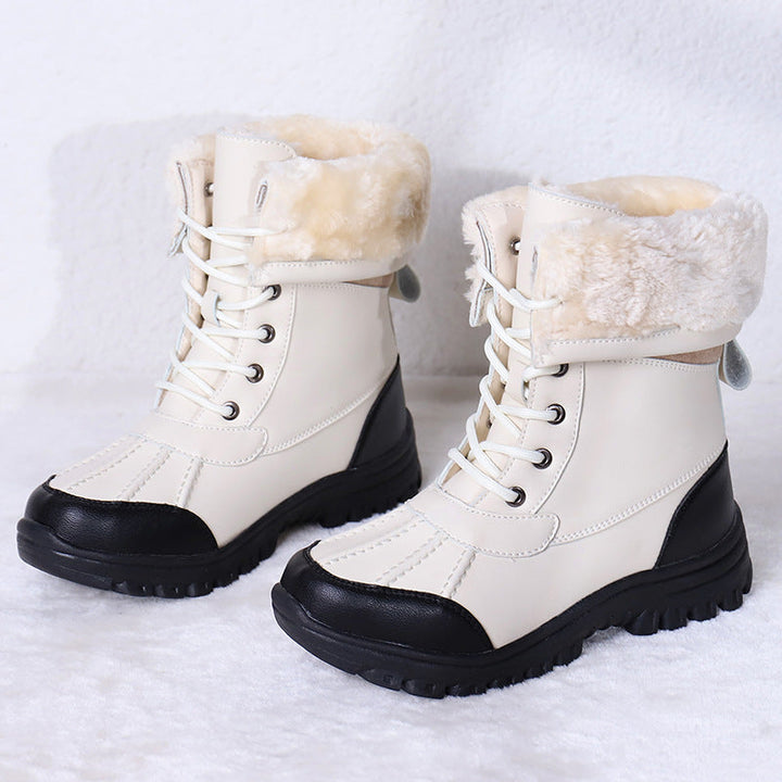 Lace Up Winter Boots Womens Faux Fur Cuff Lug Sole Calf High Wide Toe - image 1