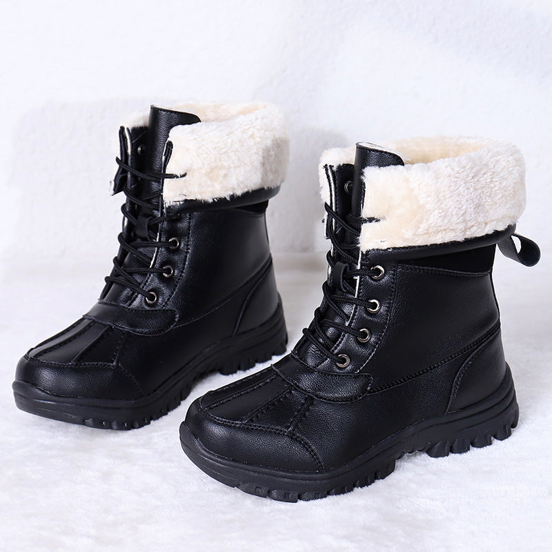 Lace Up Winter Boots Womens Faux Fur Cuff Lug Sole Calf High Wide Toe - image 2