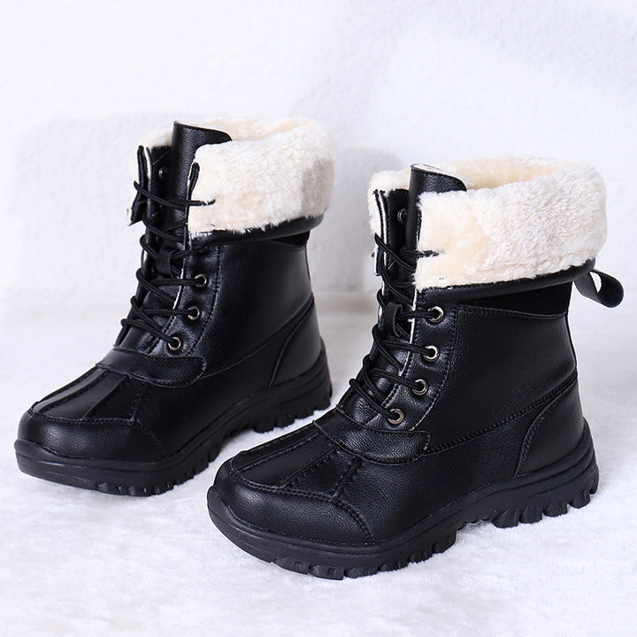 Lace Up Winter Boots Womens Faux Fur Cuff Lug Sole Calf High Wide Toe - image 2
