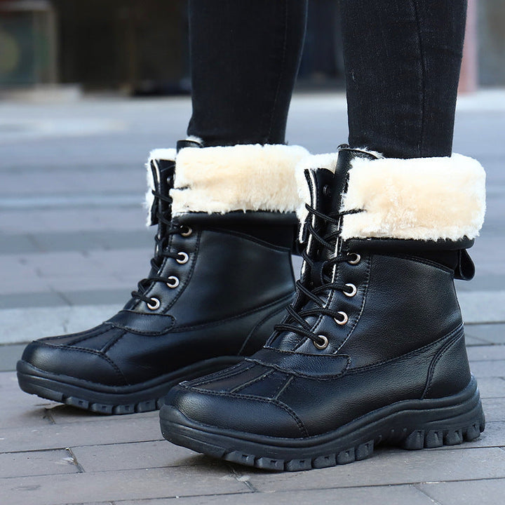 Lace Up Winter Boots Womens Faux Fur Cuff Lug Sole Calf High Wide Toe - image 3