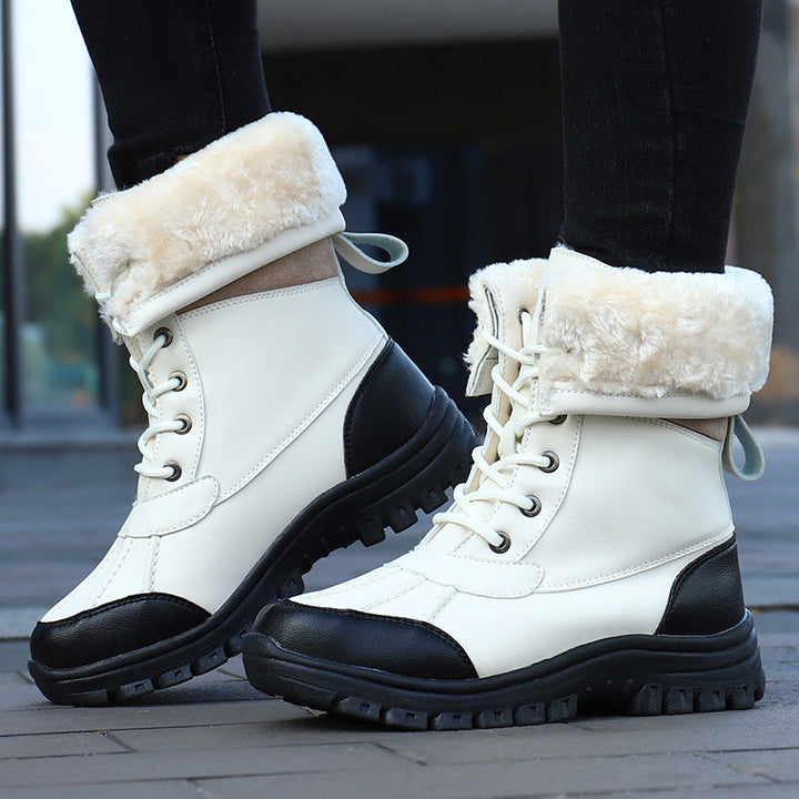 Lace Up Winter Boots Womens Faux Fur Cuff Lug Sole Calf High Wide Toe - image 4