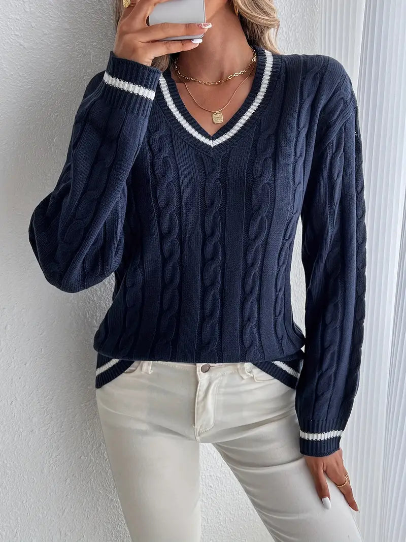 Cable Knit Jumper Womens V Neck Contrast Tipping Balloon Sleeves - image 1