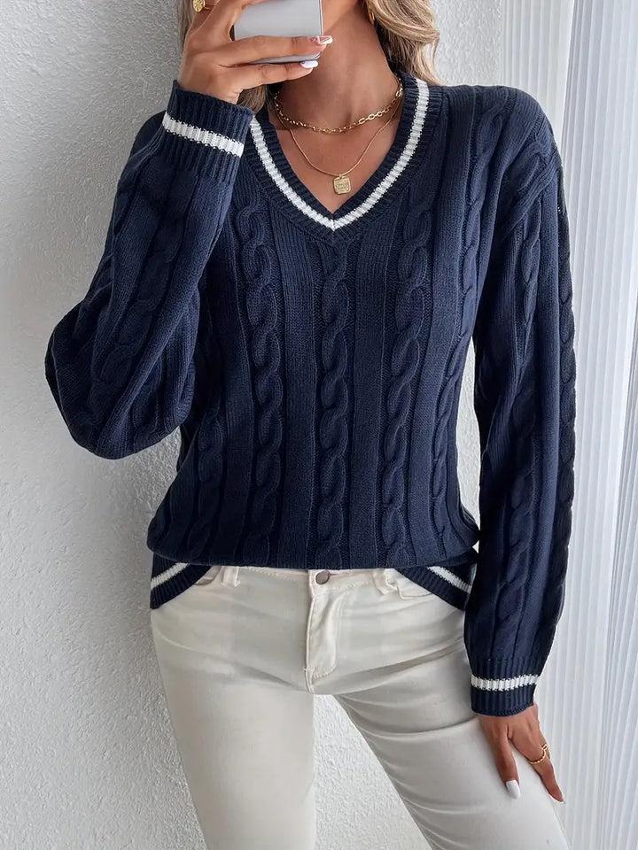 Cable Knit Jumper Womens V Neck Contrast Tipping Balloon Sleeves - image 1