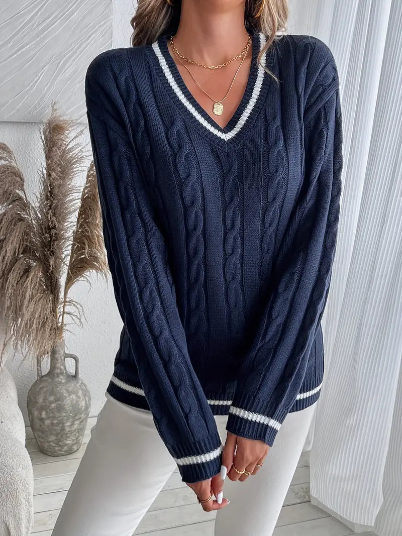 Cable Knit Jumper Womens V Neck Contrast Tipping Balloon Sleeves - image 2