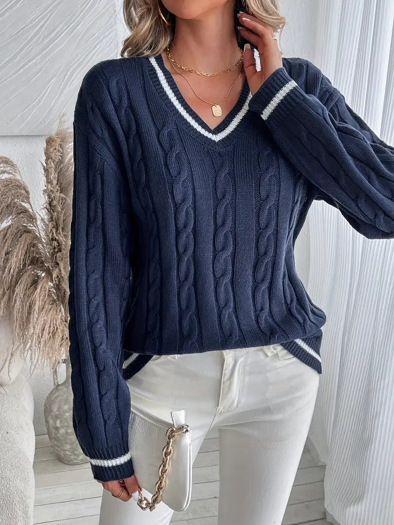 Cable Knit Jumper Womens V Neck Contrast Tipping Balloon Sleeves - image 4