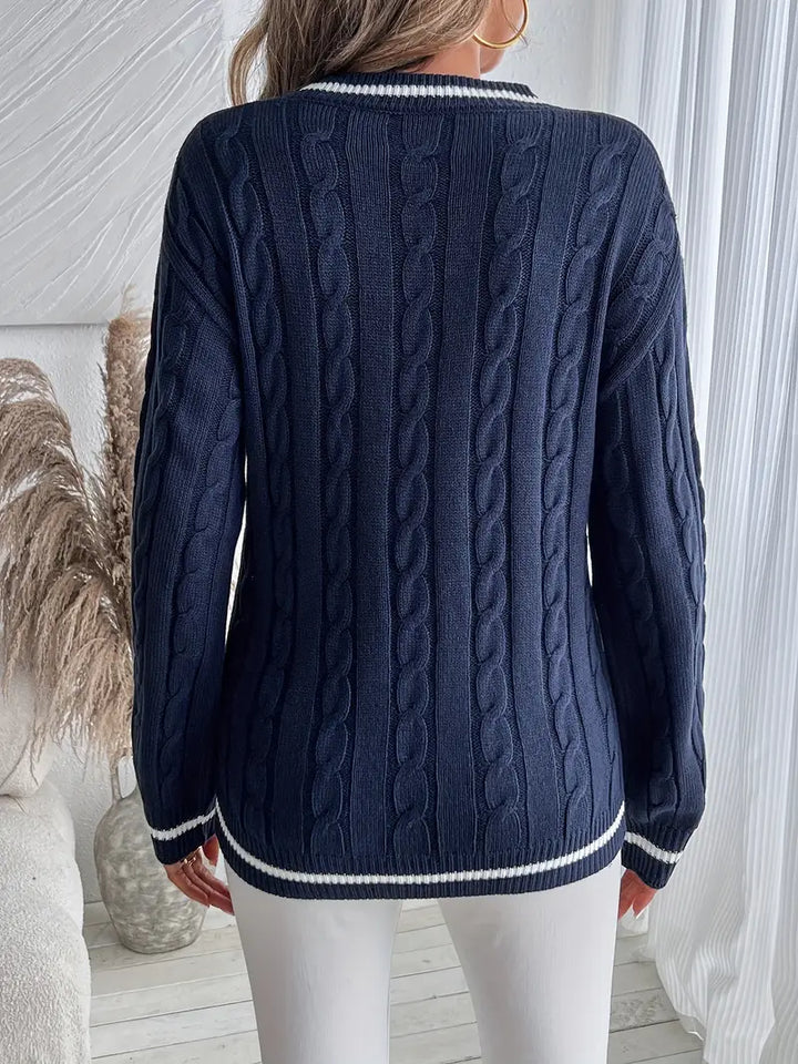 Cable Knit Jumper Womens V Neck Contrast Tipping Balloon Sleeves - image 5