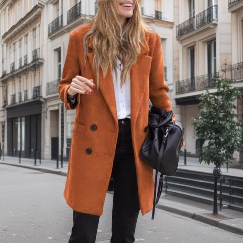 Double Breasted Coat Womens Longline Notch Lapel Patch Pockets Wool-Look Winter Relaxed Fit - image 1