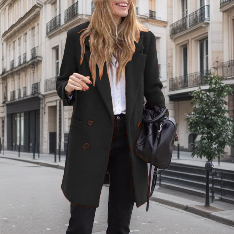 Double Breasted Coat Womens Longline Notch Lapel Patch Pockets Wool-Look Winter Relaxed Fit - image 2
