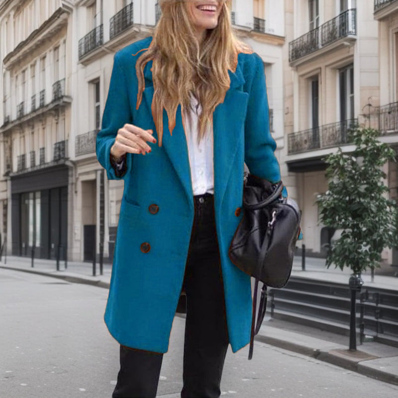 Double Breasted Coat Womens Longline Notch Lapel Patch Pockets Wool-Look Winter Relaxed Fit - image 3