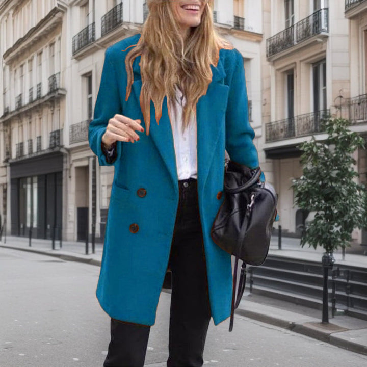 Double Breasted Coat Womens Longline Notch Lapel Patch Pockets Wool-Look Winter Relaxed Fit - image 3