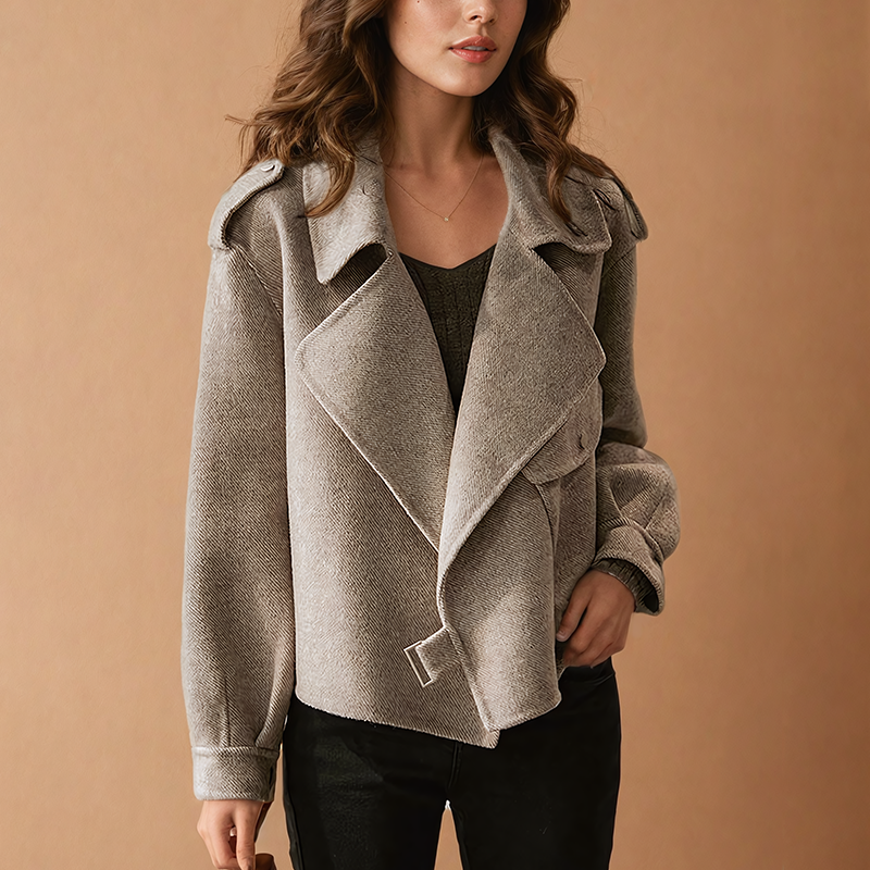 Biker Jacket Womens Wool Blend Cropped Wide Collar Belted Hem - image 3
