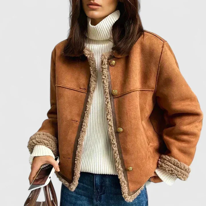 Suede Jacket Womens Faux Shearling Trim Button Front Cropped - image 4