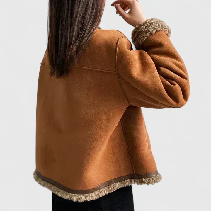 Suede Jacket Womens Faux Shearling Trim Button Front Cropped - image 5