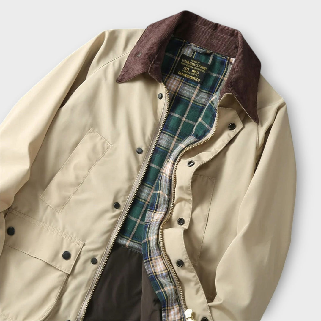 Field Jacket Mens Corduroy Collar Check Lined Zip Stud Front Raglan Sleeve Regular Fit - image 5