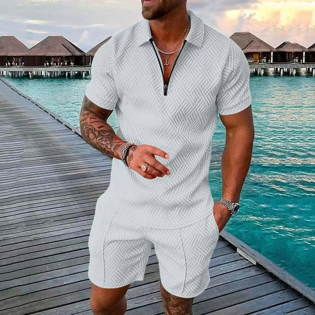 Two Piece Set Mens Zip Neck Polo Shirt Shorts Jacquard Texture Resort - image 2