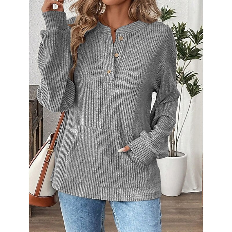 Ribbed Top Womens Henley Button Placket Pouch Pocket Long Sleeve Relaxed Fit - image 9