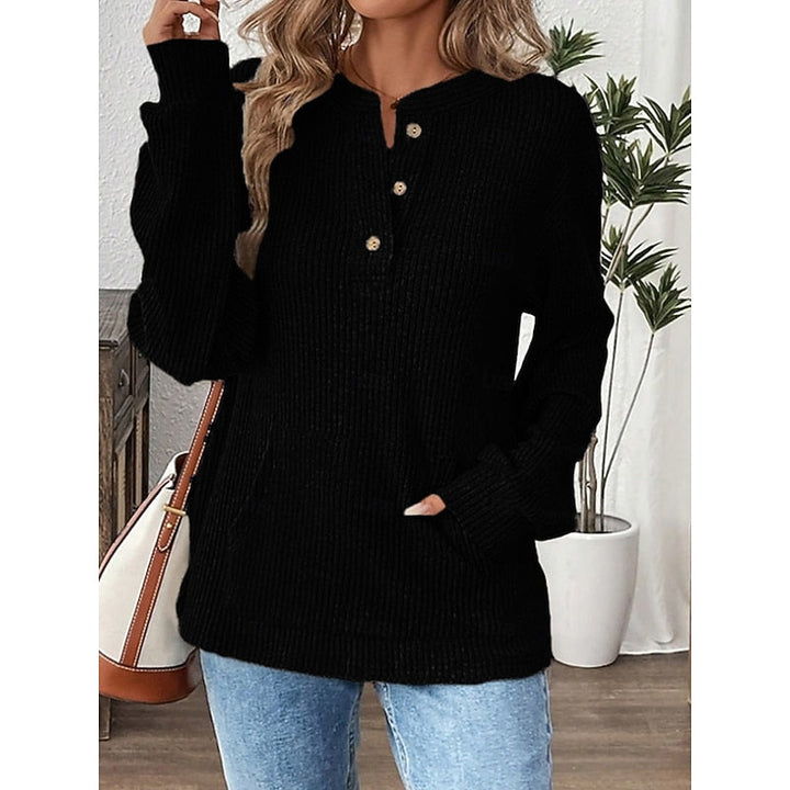 Ribbed Top Womens Henley Button Placket Pouch Pocket Long Sleeve Relaxed Fit - image 5
