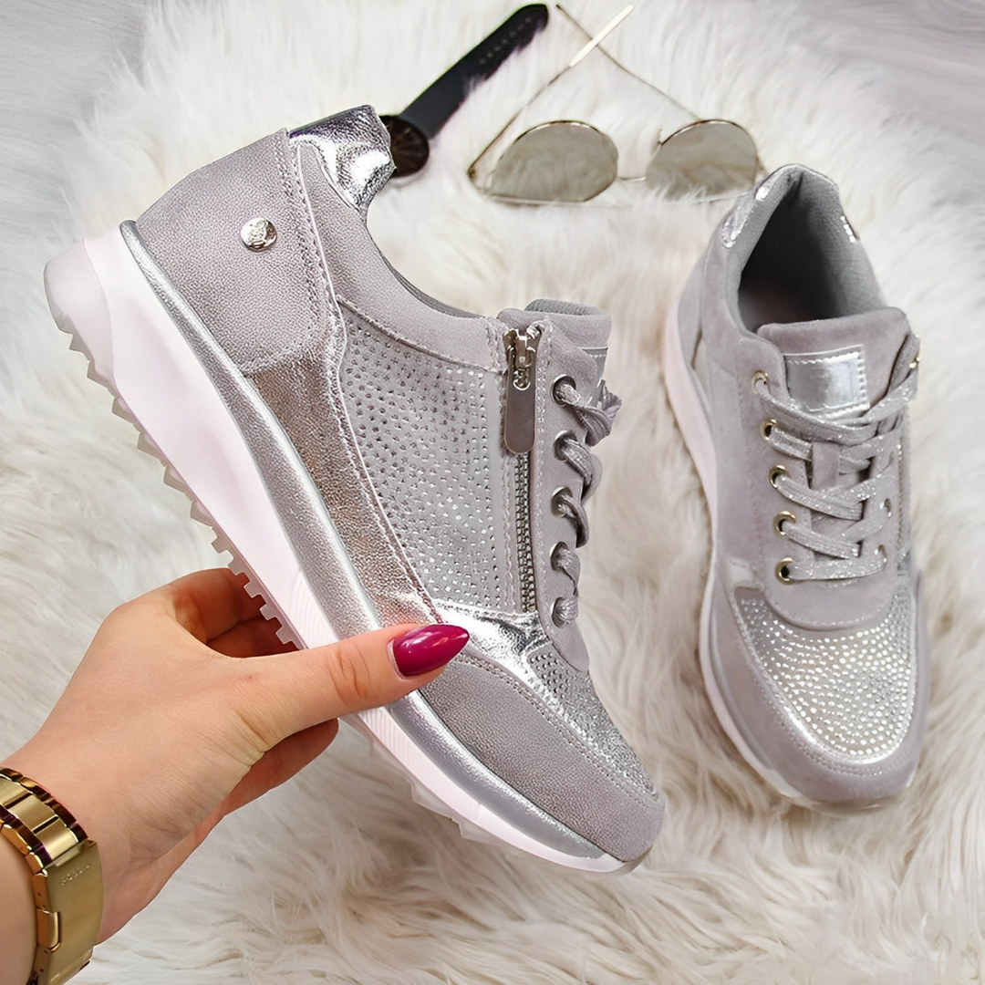 Zip Trainers Womens Wedge Sole Lace Up Sparkle Panel Suede-Look Cushioned - image 5