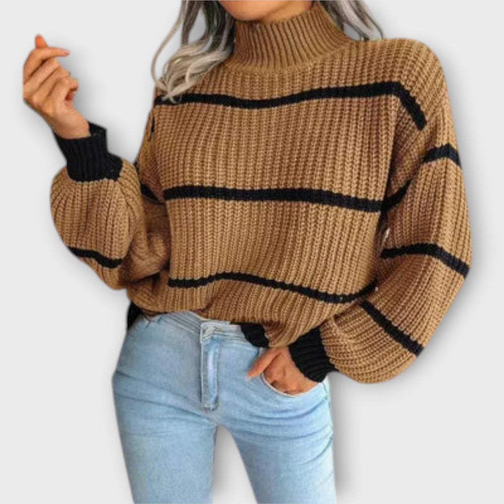 Jumper Womens Contrast Stripe High Neck Wide Sleeve Chunky Purl Knit Oversized - image 2