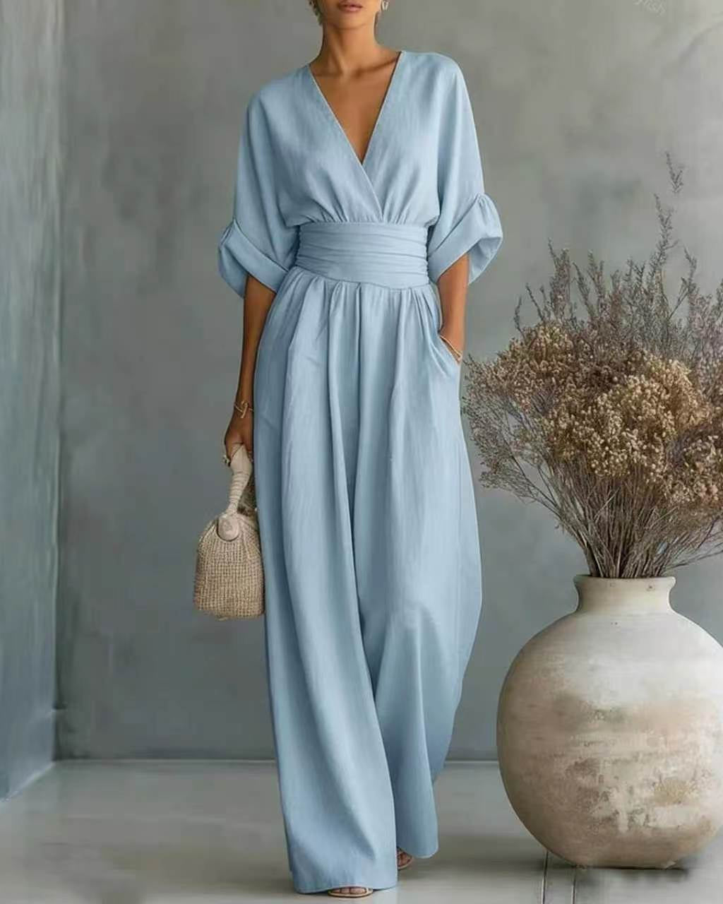 Jumpsuit Womens Wide Leg V Neck High Waist Linen Look Half Sleeve Pockets - image 1