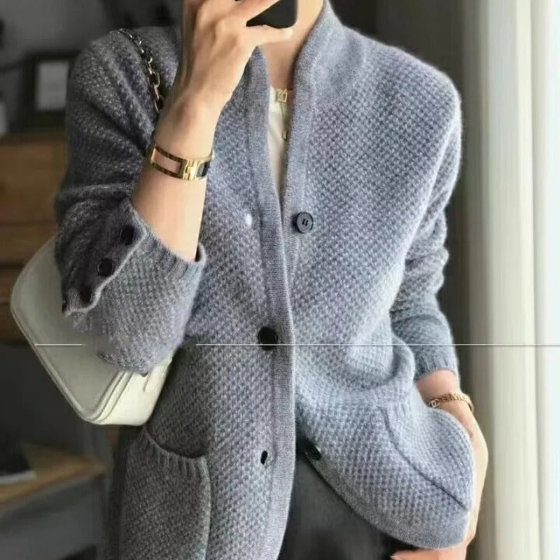 High Neck Cardigan Womens Stand Collar Button Up Waffle Knit Patch Pockets Relaxed Fit - image 3
